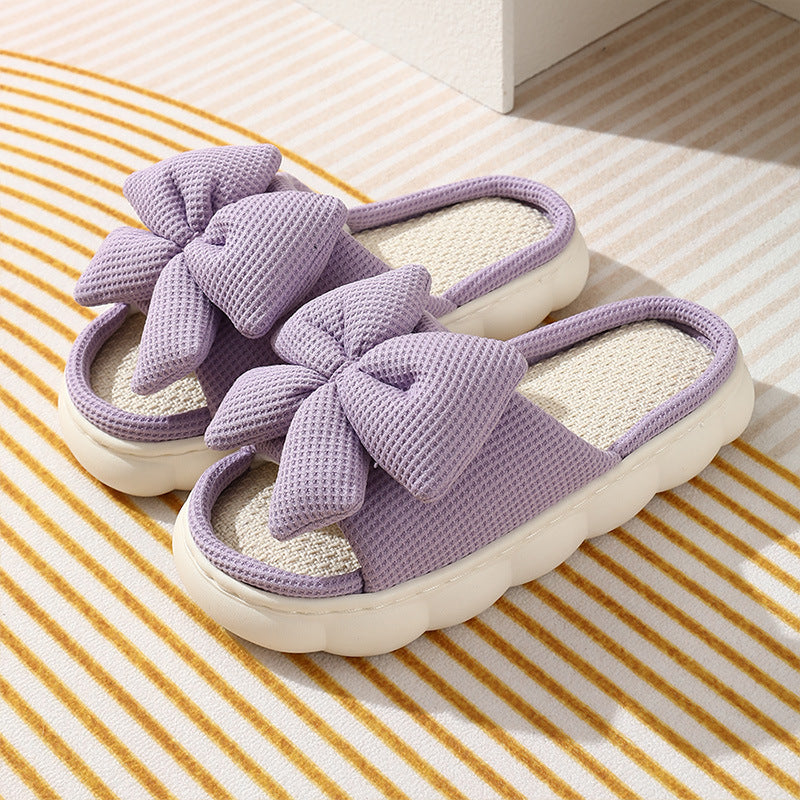 Cross-Border Foreign Trade Bow-Knot Linen Slippers for Women, Summer Home Breathable Non-Slip Comfortable Casual Indoor Thick-Soled Linen Slippers for Women