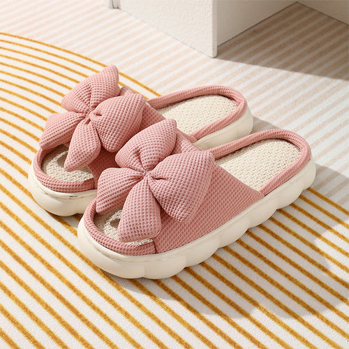 Cross-Border Foreign Trade Bow-Knot Linen Slippers for Women, Summer Home Breathable Non-Slip Comfortable Casual Indoor Thick-Soled Linen Slippers for Women