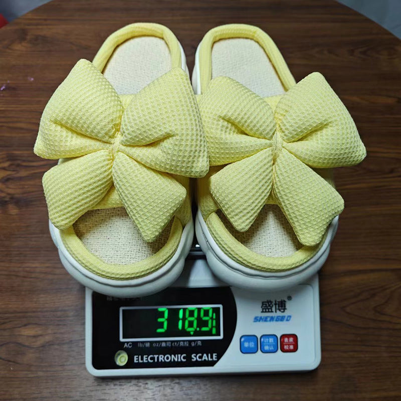 Cross-Border Foreign Trade Bow-Knot Linen Slippers for Women, Summer Home Breathable Non-Slip Comfortable Casual Indoor Thick-Soled Linen Slippers for Women