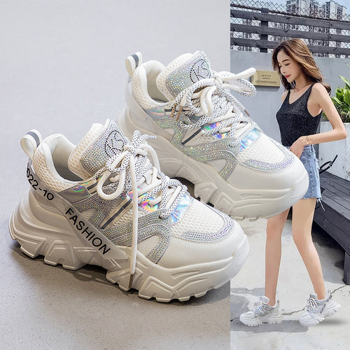 2026 Spring and Autumn Style Dad Shoes, Internet Celebrity Rhinestone Breathable Genuine Leather Shoes for Petite People, Popular Purple Thick-Soled Sports Shoes, Trendy on Instagram