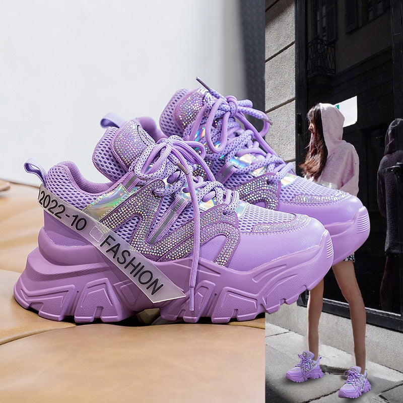 2026 Spring and Autumn Style Dad Shoes, Internet Celebrity Rhinestone Breathable Genuine Leather Shoes for Petite People, Popular Purple Thick-Soled Sports Shoes, Trendy on Instagram