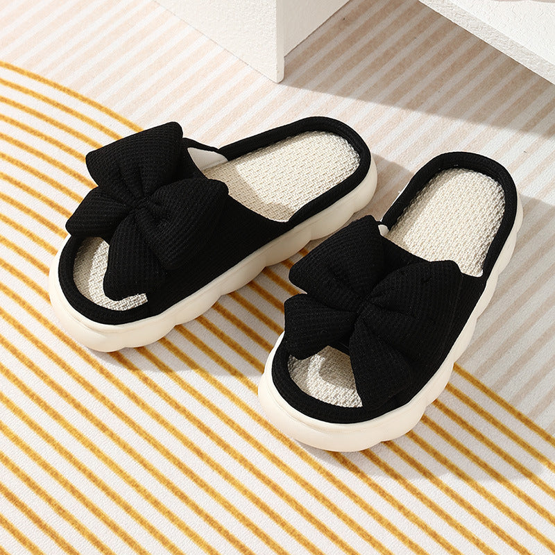 Cross-Border Foreign Trade Bow-Knot Linen Slippers for Women, Summer Home Breathable Non-Slip Comfortable Casual Indoor Thick-Soled Linen Slippers for Women
