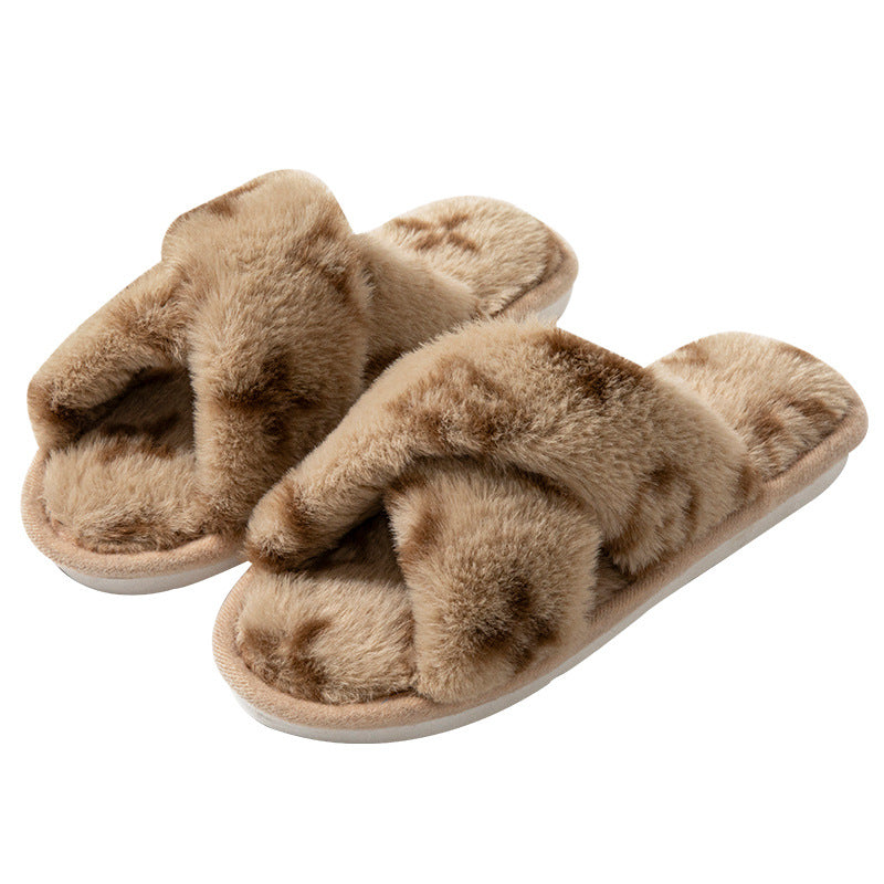 Four-leaf clover cross-opening cross-border foreign trade open-toe women's slippers autumn and winter four seasons open-ended slippers imitation rabbit hair