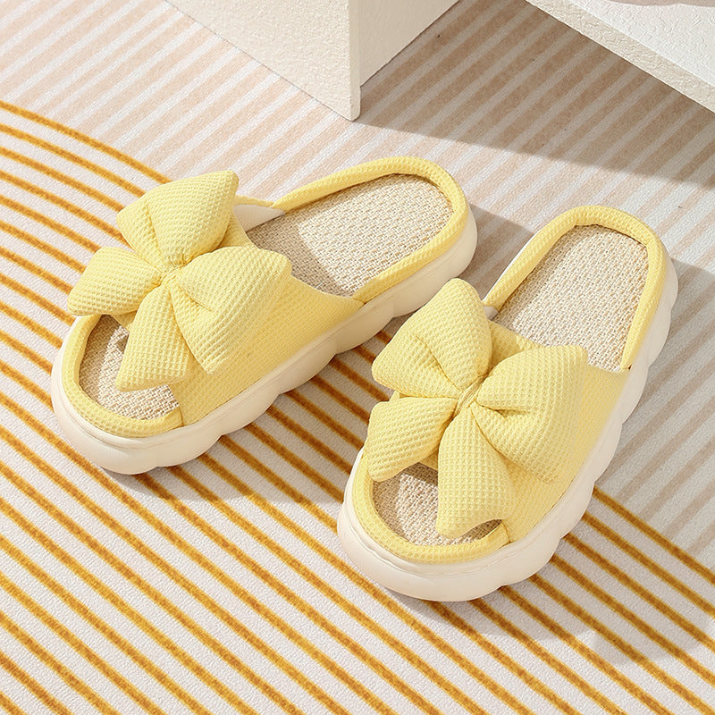 Cross-Border Foreign Trade Bow-Knot Linen Slippers for Women, Summer Home Breathable Non-Slip Comfortable Casual Indoor Thick-Soled Linen Slippers for Women